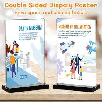 tabletop Clear acrylic sign holder displaying promotional ads, listing, picture for retail stores